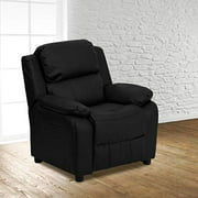 BizChair Deluxe Padded Black LeatherSoft Kids Recliner with Storage Arms
