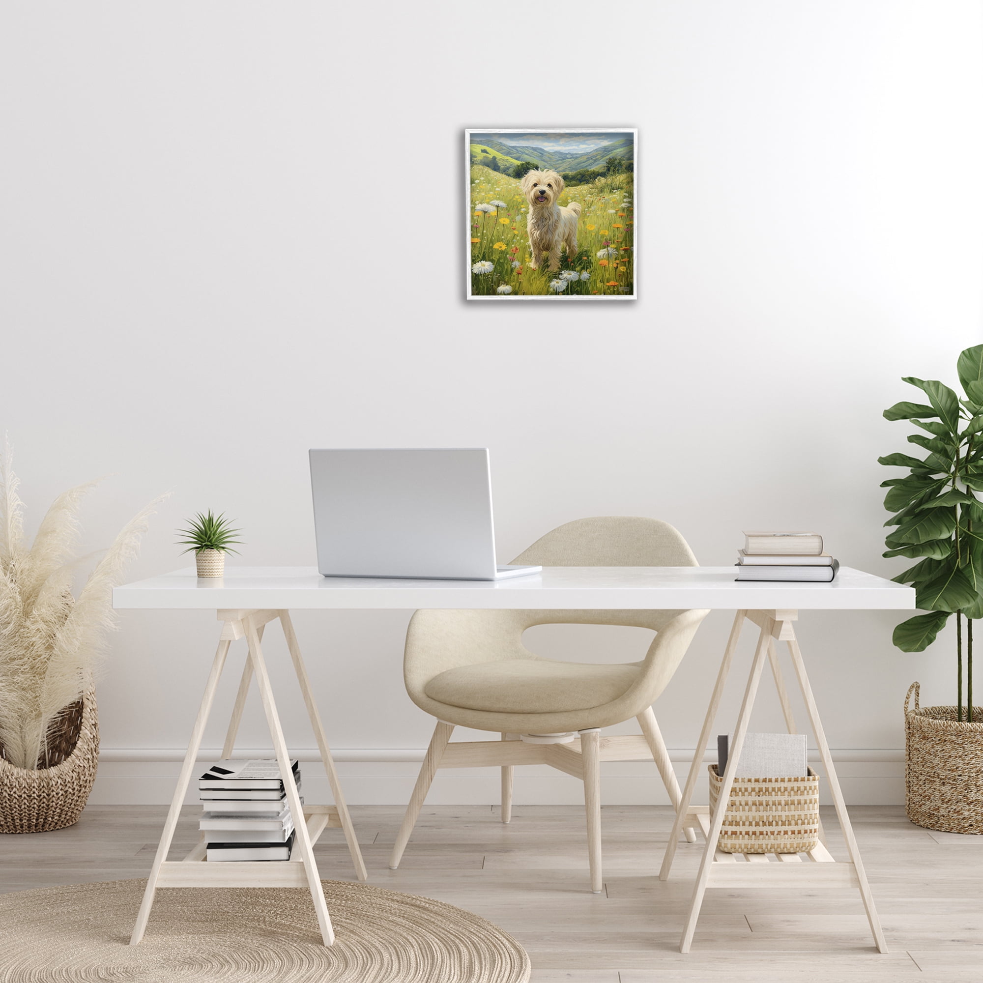 Stupell Industries Terrier Dog Rural Meadow Landscape Painting White Framed Art Print Wall Art, 17 x 17