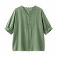 thumbnail image 6 of Womens Embroidered Cotton Linen Tops Summer Casual Boho Linen Mid Cuffed Sleeve Shirts V Neck Vacation Work Daily Blouses, L, 6 of 8