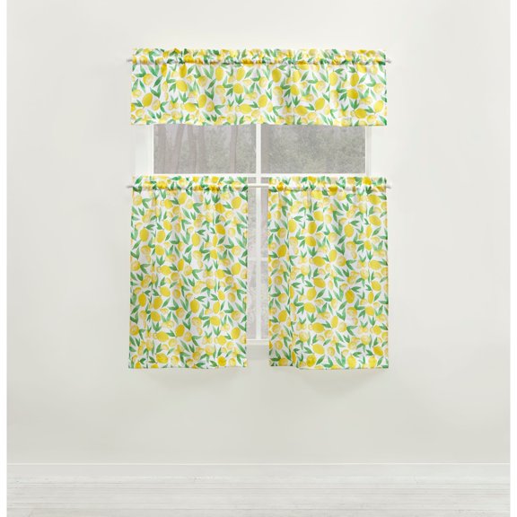 Mainstays Light Filtering Curtain Tier Pair and Valance Set, 3-Piece, Lemon, 54" W x 36" L