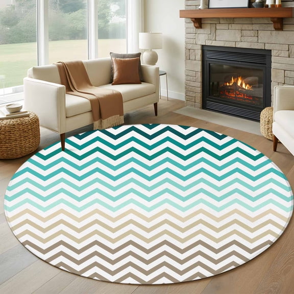 Turquoise Brown Round Area Rug 5 FT, Non Slip Bedroom Rugs, Gradient Geometric Stripes Chevron Wave Washable Soft Circular Carpet Non-Shedding Floor Mat for Kitchen Dining Room Foyer Balcony Dorm