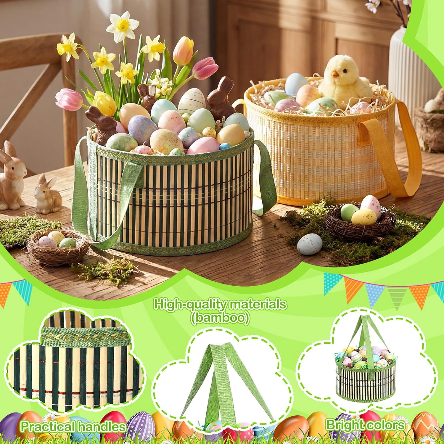 6 Pcs Foldable Easter Woven Bamboo Baskets Empty 10 x 6 Inch Large Basket Bulk Set with Handle for Easter Egg Spring Picnic Hunt Party Favor(Yellow,Green)