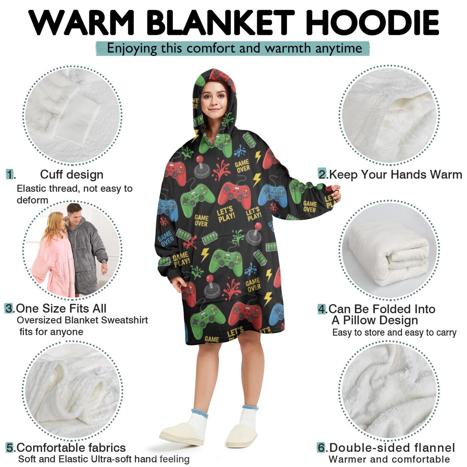 Wearable Oversized Blanket,Green Red Controllers Games Icons Black Pattern Wearable Blanket Hoodie for Adults,Cozy Hooded Blankets with Super Pockets,Super Warm Fuzzy Pullover for Women & Men