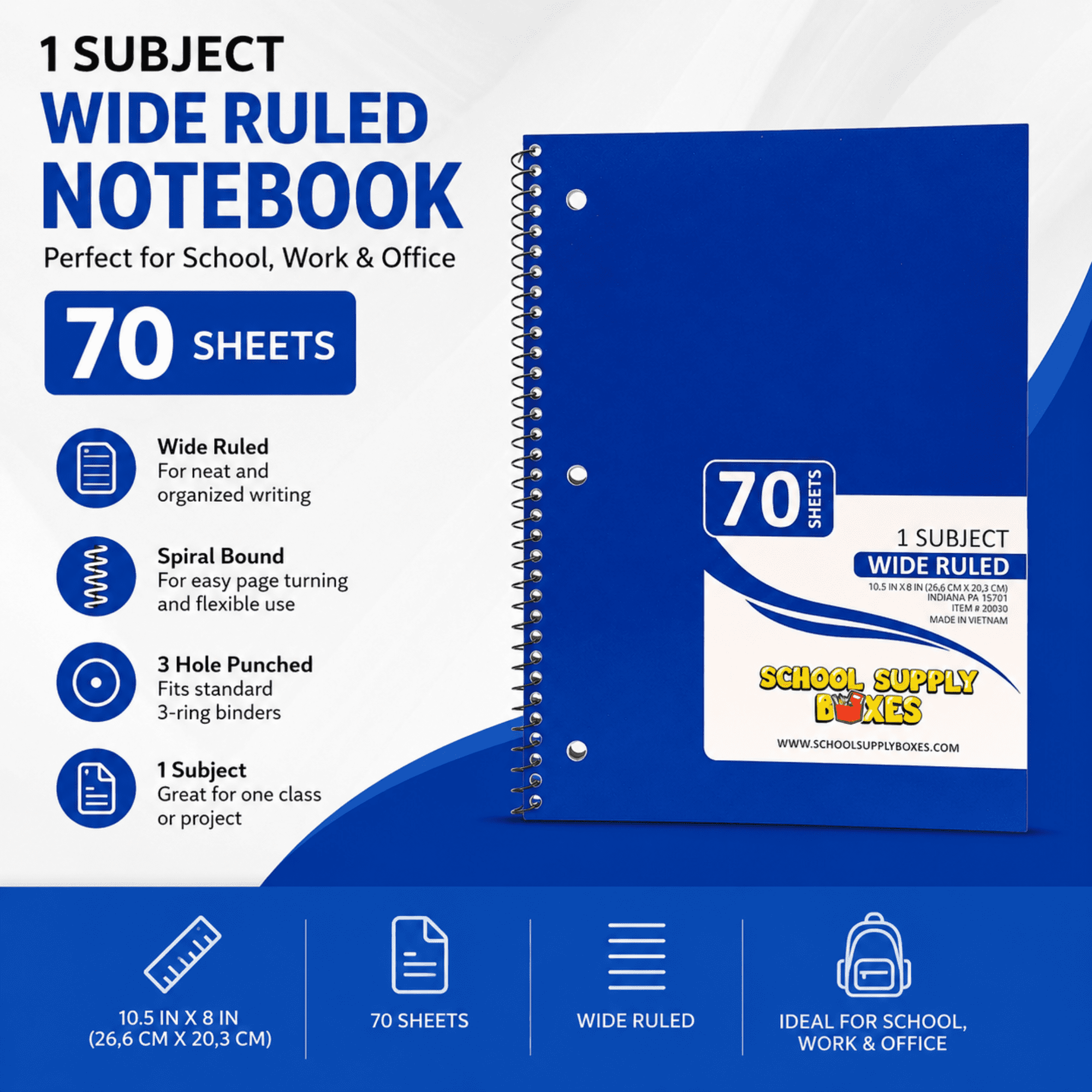 School Supply Boxes | (Blue) Wide-Ruled 1 Subject Notebooks | 24 Pack | 10.5 IN x 8 IN (70 Sheets) Notebooks for School, Work & Office