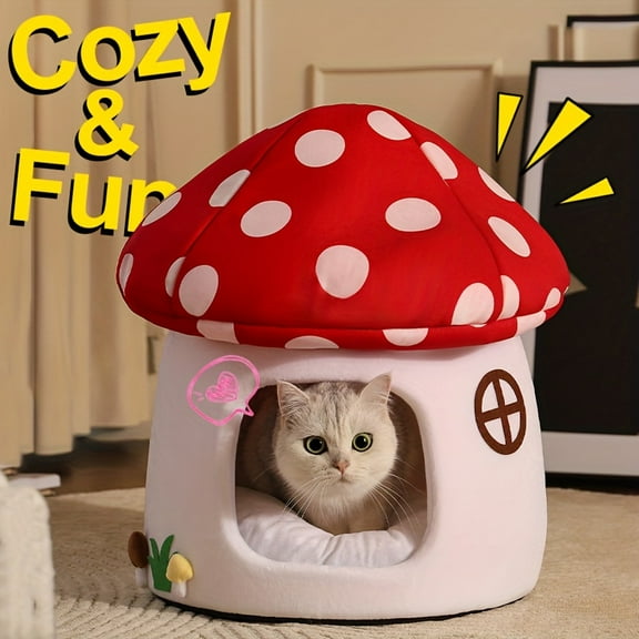 Cute Cat Bed Cave for Indoor Highland Mushroom Shaped Pet Plush House Self-Warming Nest Small Dogs Rabbits with Removable Cushion for Puppy Bed with Hanging Toy (Red Mushroom)