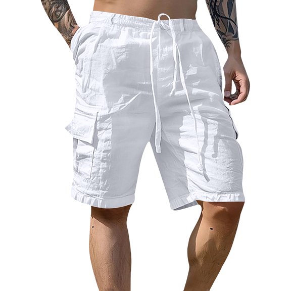 JULMCOMO Cargo Shorts for Men Cotton Linen Drawstring Relaxed Fit Casual Outdoor Summer Work Shorts with Multi Pockets White XL