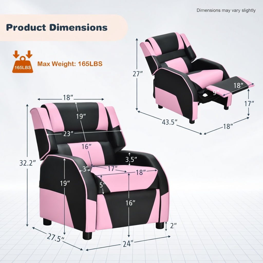 Barara King Kids PU Leather Recliner Chair with Headrest and Footrest, Kids Gaming Sofa Recliner Chair for Living Room, Bedroom, Pink