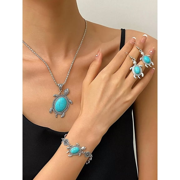 QQTDFG 4pcs Vintage Turtle Necklace, Earrings, Bracelet Set For Women Bohemian Jewelry-default
