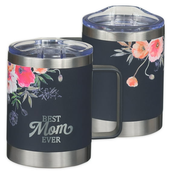 Christian Art Gifts Pink Floral Stainless Steel Camp Style Travel Mug for Women: Best Mom Ever, Double Wall Vacuum Insulated, Hot & Cold, BPA-free Lid, Durable Easy Hold Handle, Dark Navy Blue, 11 oz.