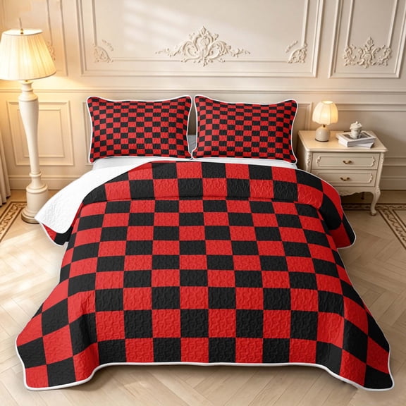 Manfei Classic Plaid Twin Quilt Set,Vintage Check Twin Coverlet Set,Red White,2pcs,1 Bedspread and 1 Pillowcase