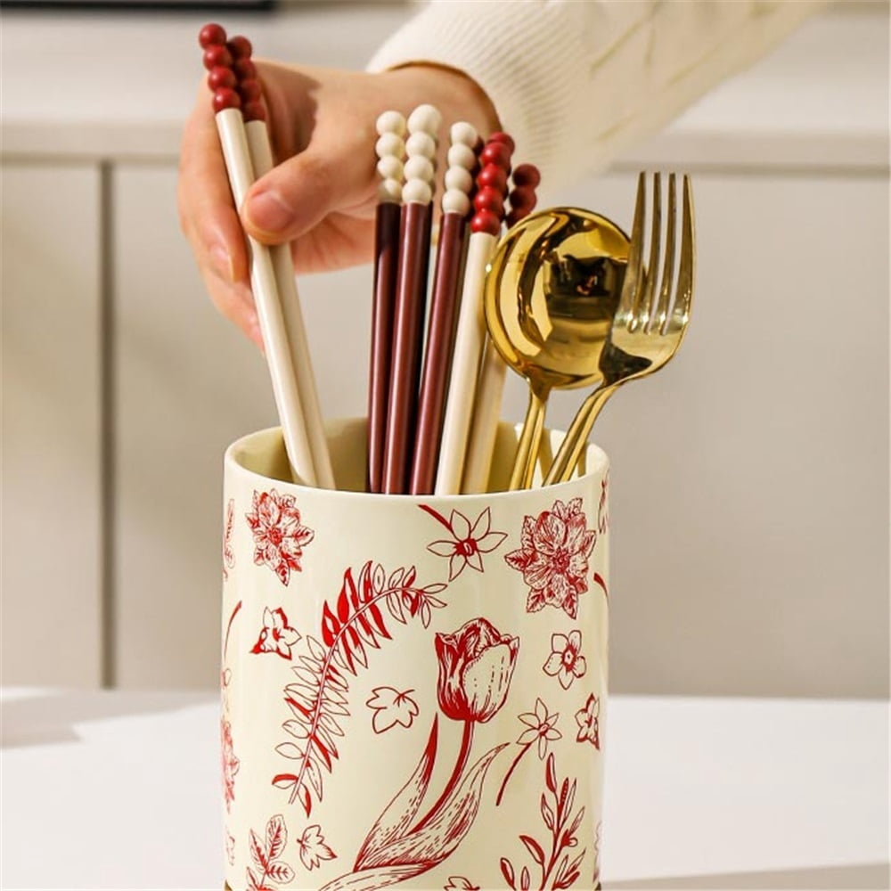 Kitchen Utensil Holder Ceramic for Countertop Utensil Organizer with Drain Tray