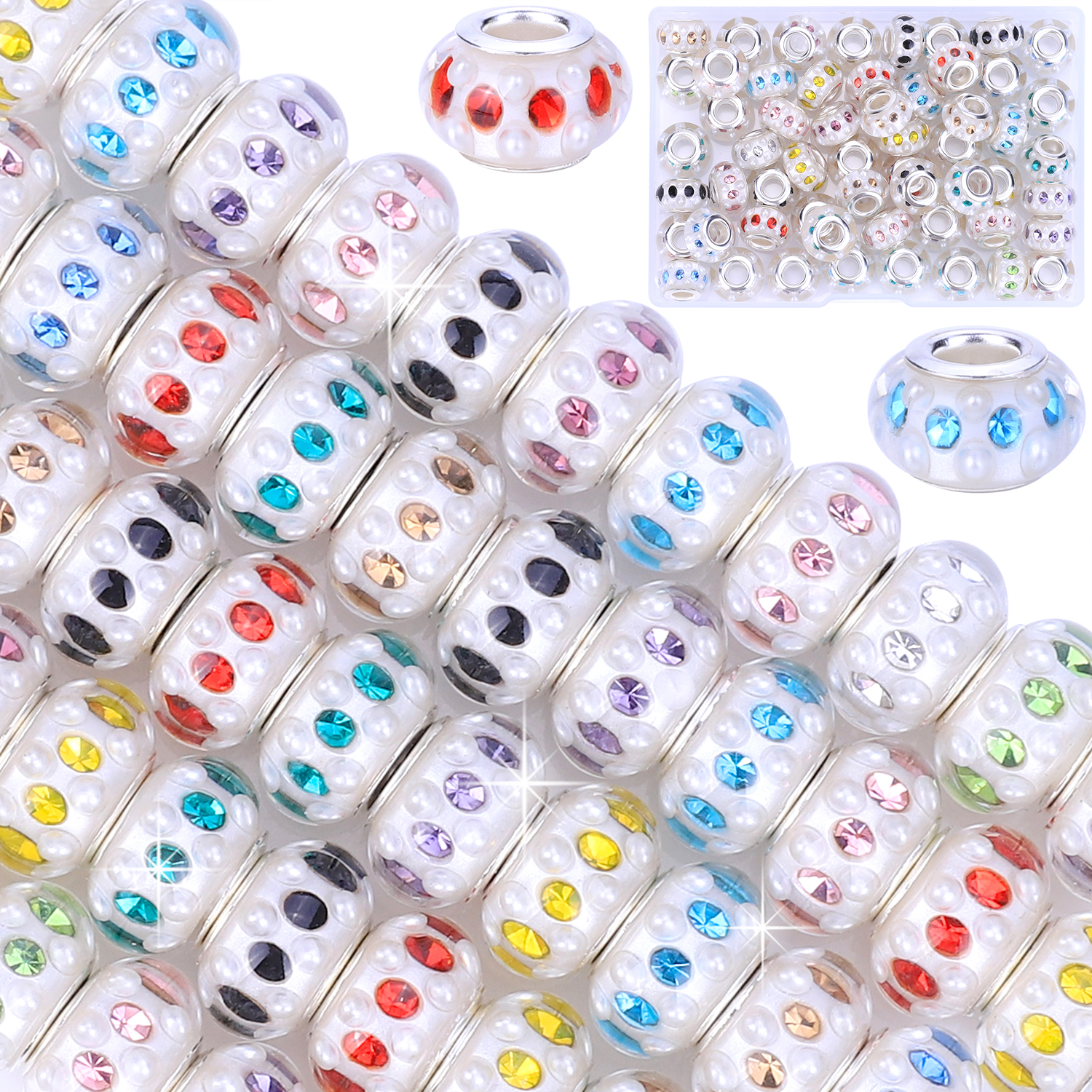 AIPRIDY 50 Pcs Girls' Lucky Lover Amber Beads, Large Hole Spacer,European Craft Murano Beads for DIY Charms Bracelet Jewelry Making(Silver+mixed)