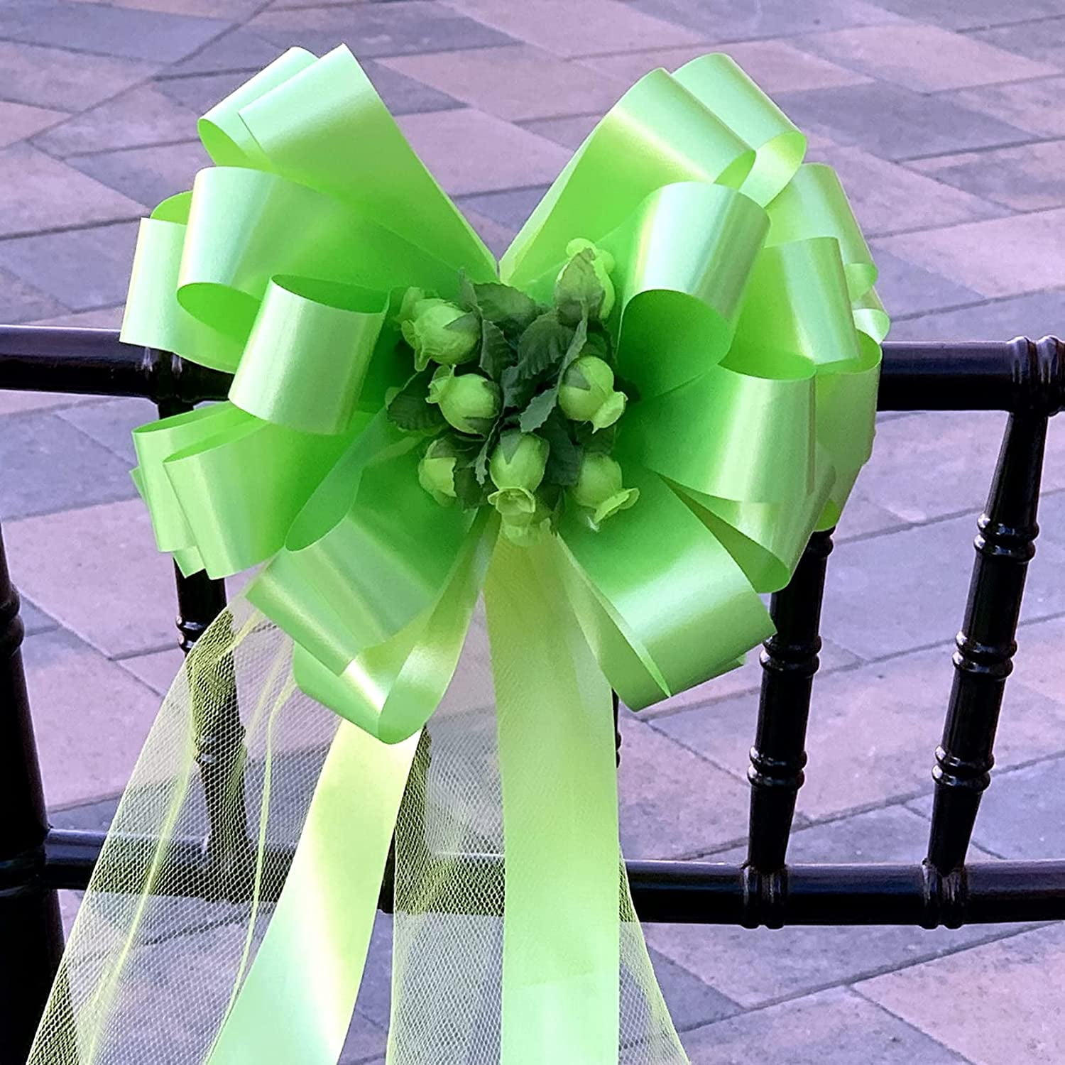 St. Patrick's Day Apple Green Pull Bows with Tulle Tails and Rosebuds - 8" Wide, Set of 6, Easter, , Wedding, Birthday, Party, Christmas
