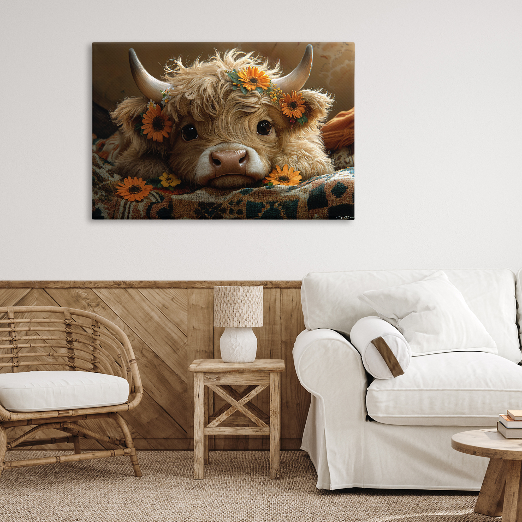 Adorable Flower Bedecked Cattle Canvas Wall Art, design by Momart