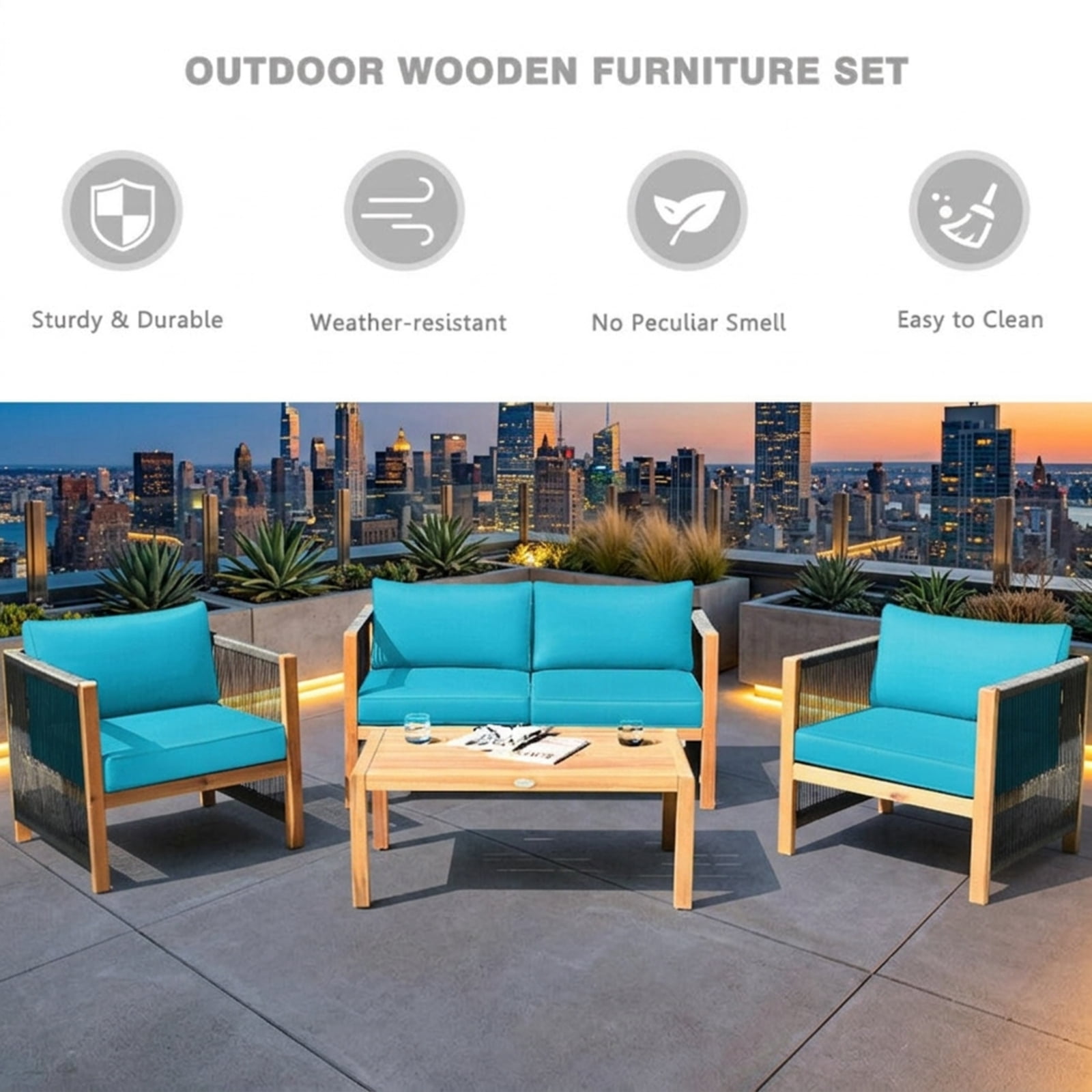 Biotree 4 Piece Acacia Wood Patio Furniture Set outdoor conversation set with cushions and coffee table for garden backyard and porch, Turquoise