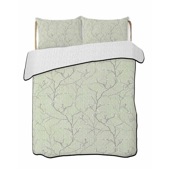 Twin XL Quilt Bedding Set, Sage Green Branches Reversible Summer Quilt 3 Pieces, Vintage Art Farmhouse Lightweight Bedspreads Coverlets with 2 Pillow Shams for All Seasons