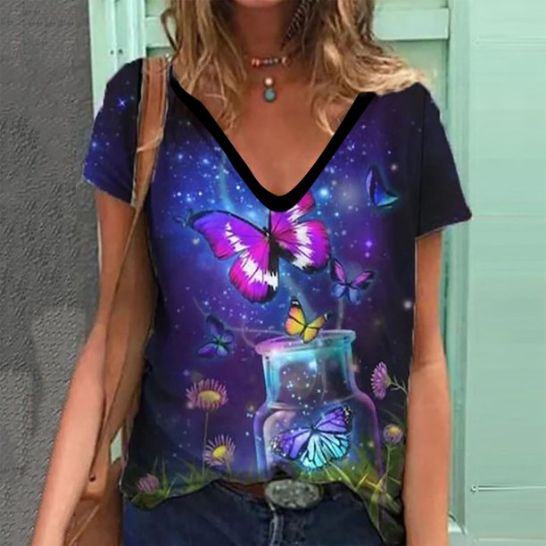 ICHUANYI Clearance Womens Spring And Summer Short SleevesV-Neck T-Shirt Blouse Tops(Purple, S) ICHUANYI WER2023080904302