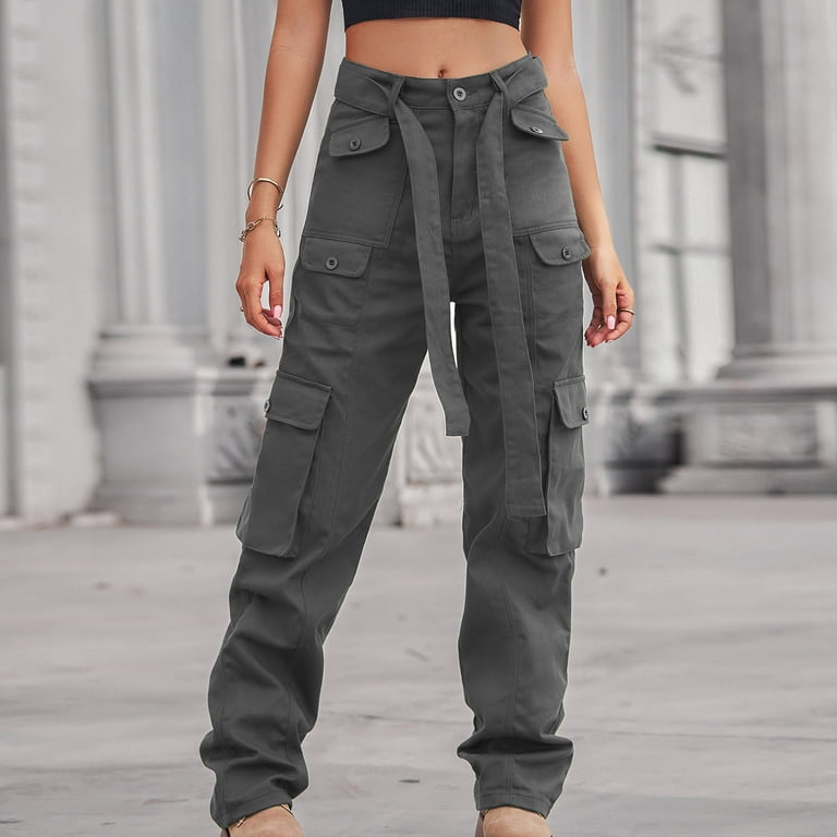 2024 Womens Solid Tie Cargo Pants with Pockets Loose-Fit Buckle Waist  Straight Pants Winter Trendy Sweat Trousers for Workout