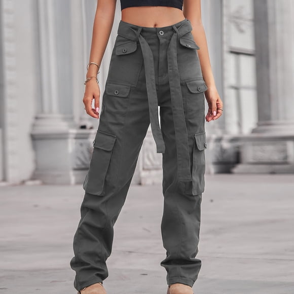 JMYHOAM Women's Cargo Pants Solid Color Hippie Punk Trousers Streetwear Joggers Pockets Loose Overalls Long Pants Cargo Pants with Pockets