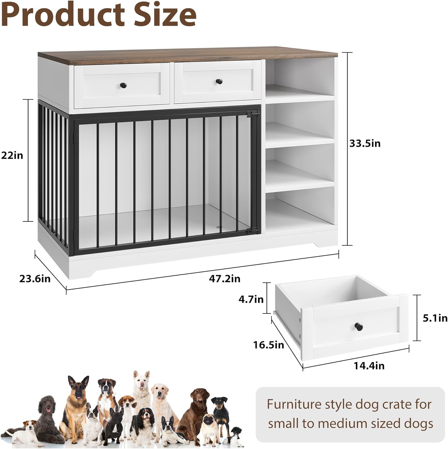 Homhougo Dog Crate Furniture 47”, Large Dog Crate TV Stand with 2 Drawers and 4 Shelves, Wooden Dog Kennel Indoor, Decorative Dog Cage with Storage for Large Dogs, White