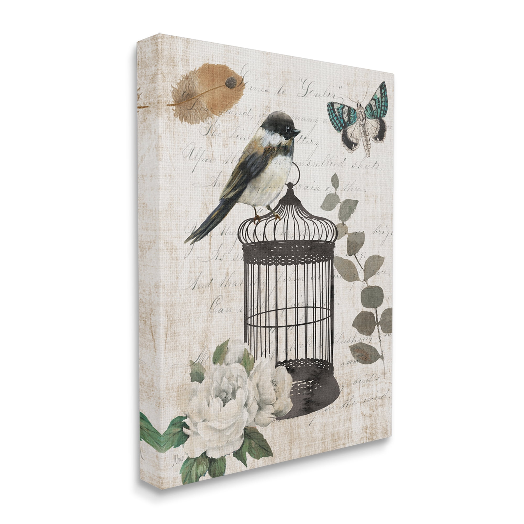 Stupell Industries Vintage Bird Cage Butterfly Floral Script Words Graphic Art Gallery Wrapped Canvas Print Wall Art, Design by Nan