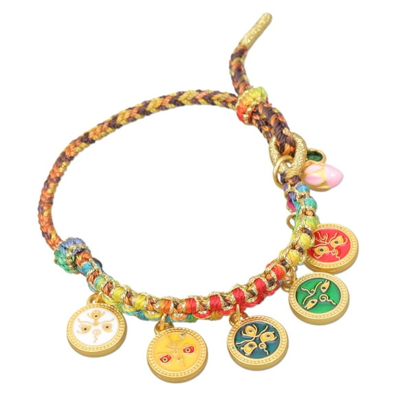 AOOOWER Handmade Tibetan Bracelet Colorful Rope Handchain Five Way God of Wealth Bangle Adjustable Pulling Rope Wristchain