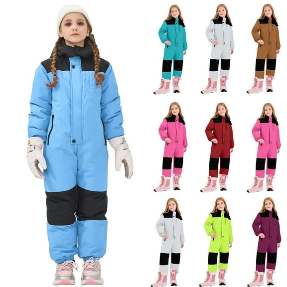 Jinhomg Kids Toddler Snow Suit Zip Up Insulated Ski Suit One Piece Coveralls Girl Boy Color Block Jumpsuit Winter Warm Hooded Snowsuit