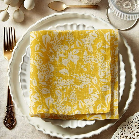 Vargottam Premium Cotton Muslin Napkins - Set of 12, 20-Inch Cheerful Yellow Hues Delicate Leafy Design Print, Soft and Absorbent Cloth Napkins for Dining, Decor, Weddings, Occasions, Table Linens