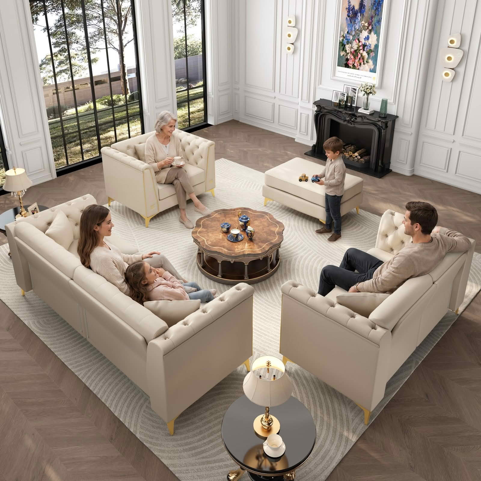 MAYEERTY Light Luxury Modular Chesterfield Sectional Sofa Set, Faux‑Leather Combination with Button Tufting, Metal‑Trim Armrest & Slim Metal Legs, 6 Pillows Included for Living Room