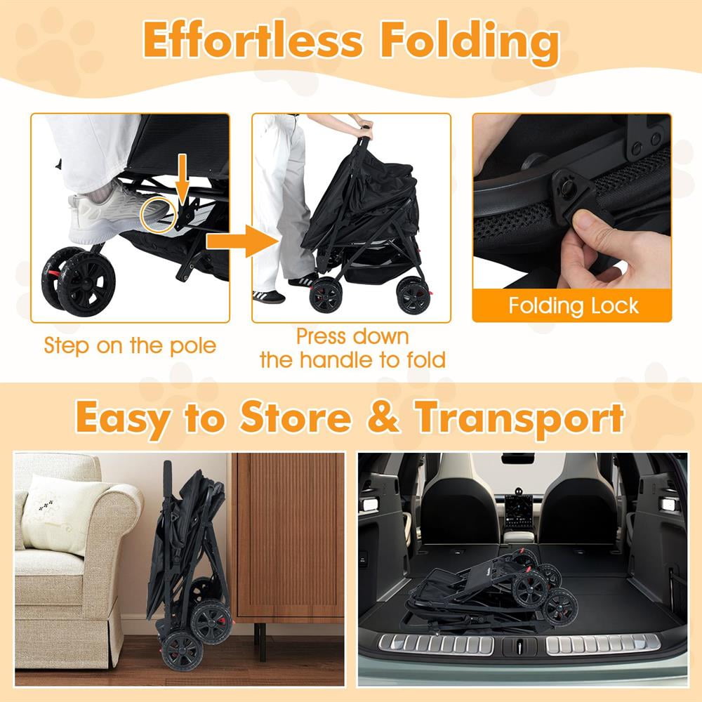 Yardi Yarda Foldable Double Pet Stroller with Adjustable Sunshade and Storage Basket, Dog Strollers, Pet Gear Stroller-Black