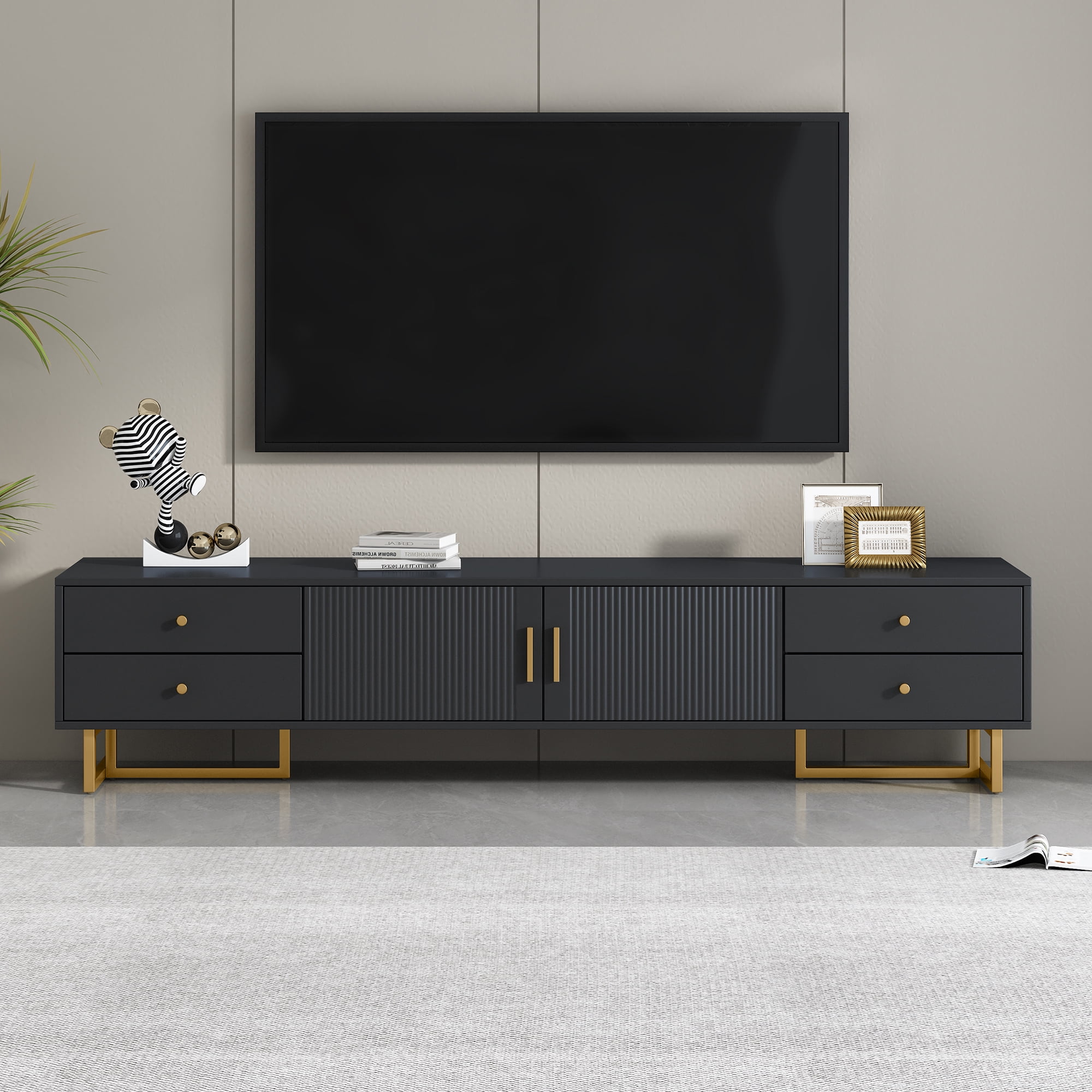 Aukfa 70 inch TV Stand for 65" 75" TV, Entertainment Center with Storage for Living Room, Black