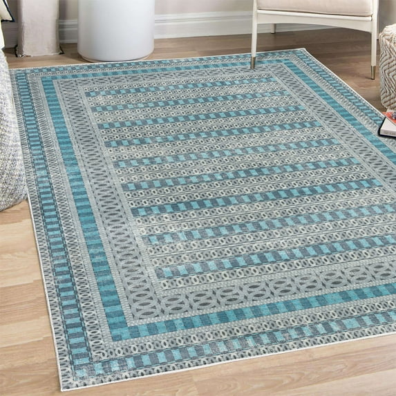 Tribal Decorative Rug, Retro Weathered Look Circles Grid Stripe Bars on Dark Brown Backdrop Print, Quality Carpet for Bedroom Dorm and Living Room, 6 Sizes, Pale Sky, by Ambesonne