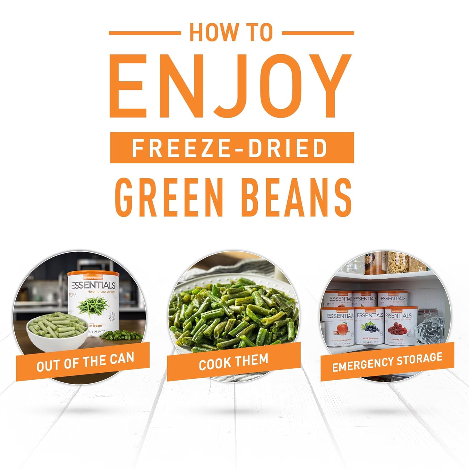 Emergency Essentials Freeze-Dried Green Beans #10 Can – 21 Servings – Emergency Food with 30-Year Shelf Life – Great for Food Storage and Everyday Use – No Additives or Preservatives – Made in USA