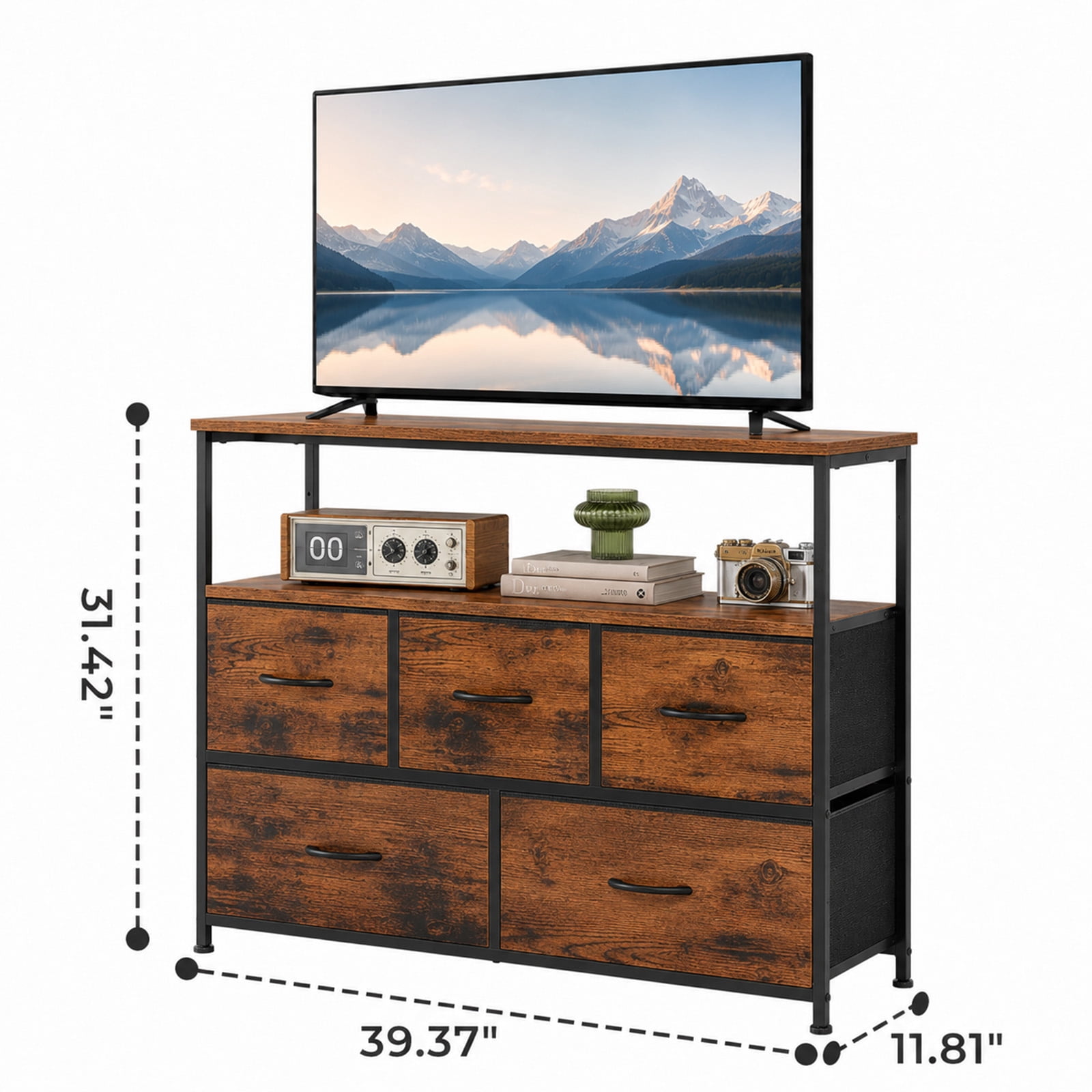Alvantor Tall Fabric Dresser, TV Stand Media Console, 5 Drawer Storage Tower with Wooden Top for Bedroom, Entryway, Nursery