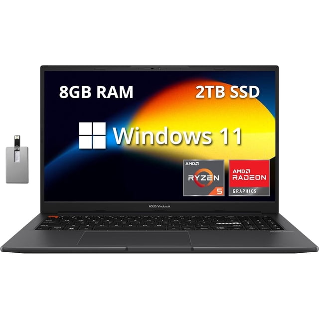 ASUS VivoBook S 15 Portable Mince 15,6 Pouces FHD, Portable, AMD Ryzen 5 5600H, 8 Go RAM, 2 To SSD, Graphiques AMD Radeon, Clavier Rétroéclairé, Caméra Web, Windows 11 Famille, Indie Black, Carte USB Hotface 32 Go
