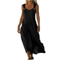 thumbnail image 2 of XUNKUSGA Cotton Linen Womens Dresses Fashion Waist-Cropped Sleeveless Ring Strappy Flowing Long Dress Solid Color Crew Neck Beach Dresses for Women S-2XL,Black, 2 of 8