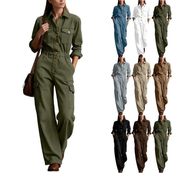 Tqcoqu Women's Collared Button Front Cargo Jumpsuit,Long Sleeve Elastic Waist Wide Leg Cotton Linen Workwear Jumpsuit with Multi Pocket