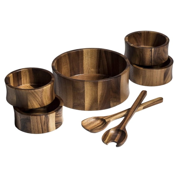 Kalmar Home 10-Inch Acacia Wood Large Maribo Salad Bowl with 4 Individuals