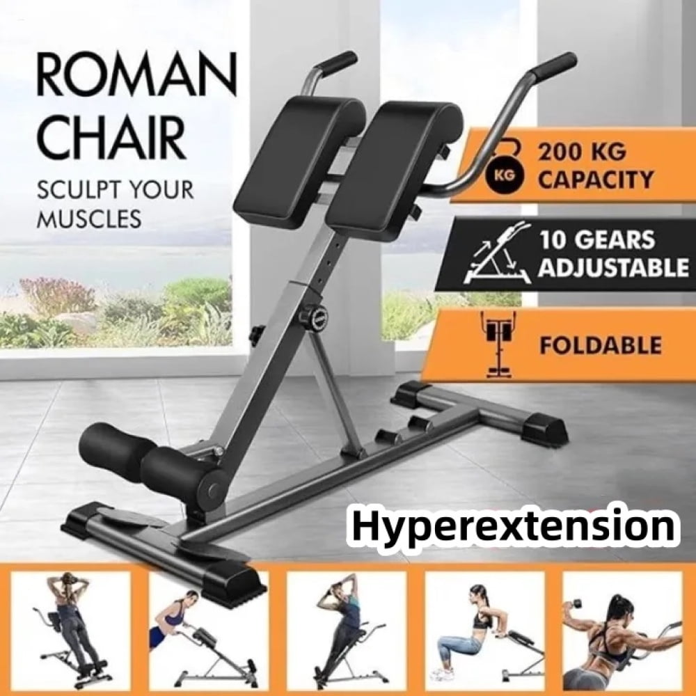 Adjustable Roman Chair Hyperextension Weight Bench, Foldable - Black