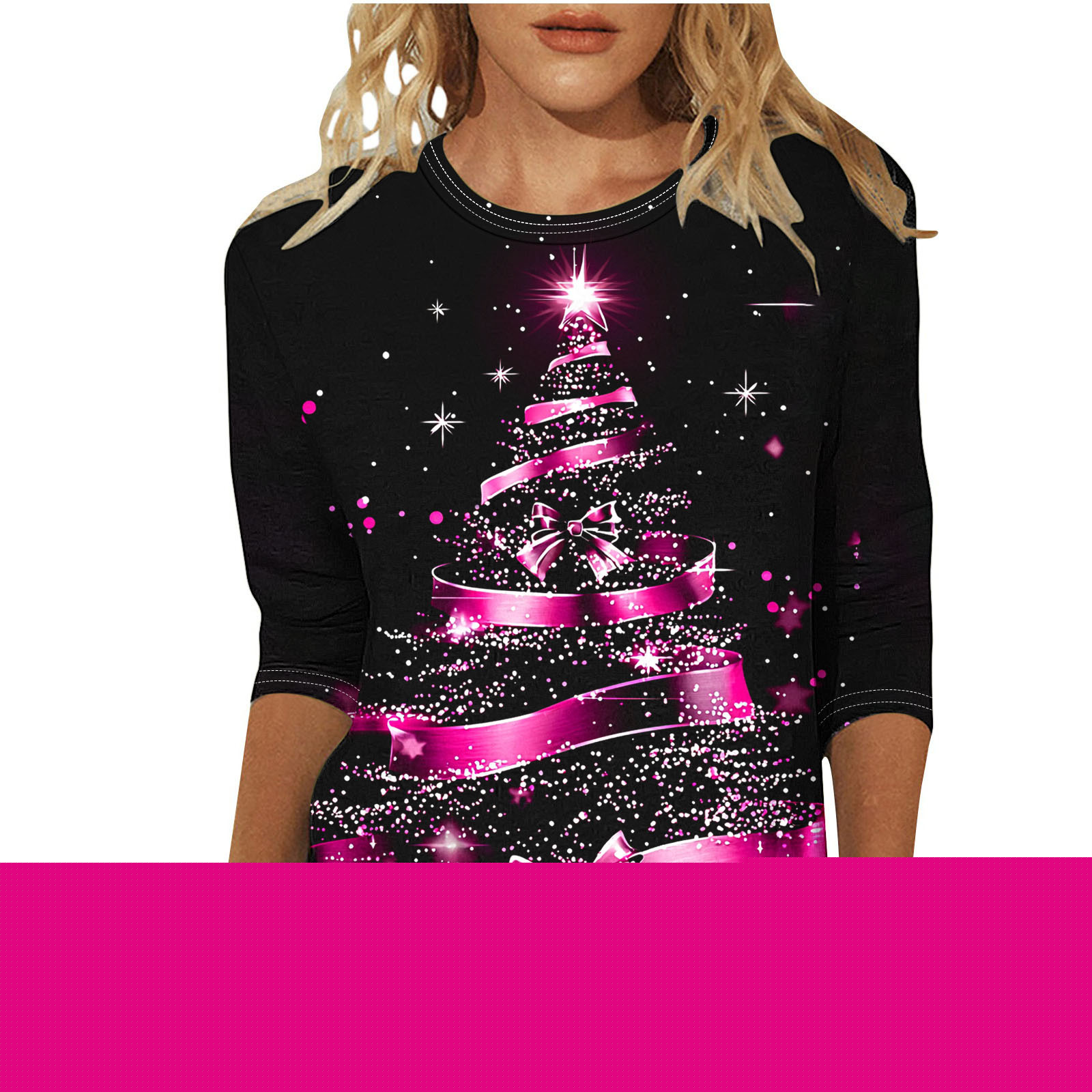 thumbnail image 2 of Women's Shirt 3/4 Sleeve Plus Size Christmas Tree Print Crewneck T-Shirt Soft Breathable Loose Fit Tops Casual Holiday Party Tunic Tee, 2 of 5