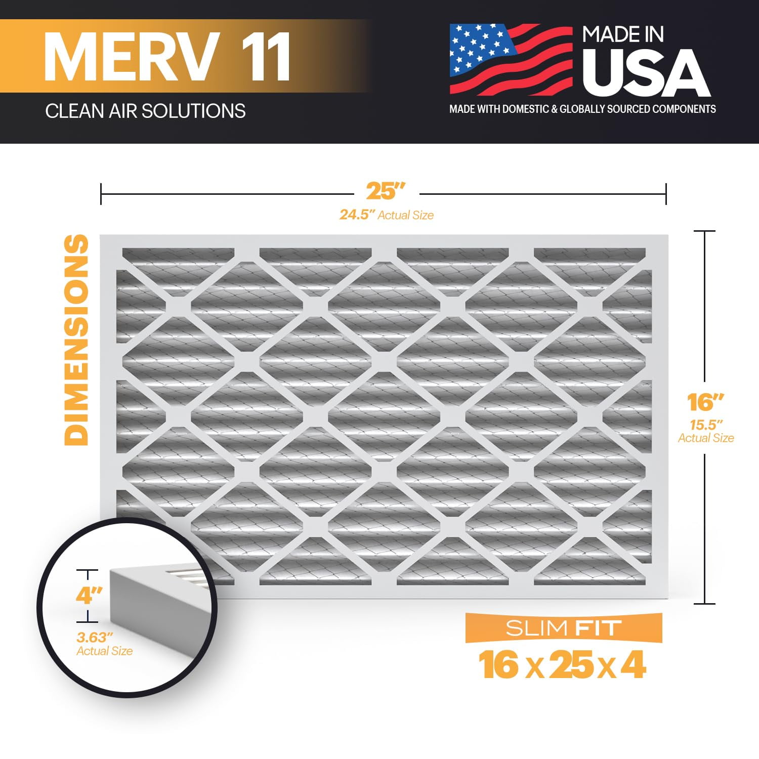 BNX TruFilter 16x25x4 (15.5’’ x 24.5’’ x 3.63‘’ Slim Fit) MERV 11 Air Filter 2-Pack - MADE IN USA - Air Conditioner Furnace Filters HVAC AC Furnace Filters for Allergy Dust, Pet, Mold, MPR 1200 FPR 7