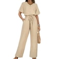 thumbnail image 4 of Womens V Neck Two Piece Set Short Sleeve Top and Casual Long Pants Fashion Slimming Outfit Khaki L, 4 of 7