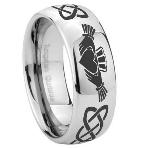 Tungsten Irish Claddagh 8mm Mirror Gray Polished Dome Men Ring