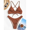 thumbnail image 3 of ZAFUL Women Swimsuit Cinched Ribbed Lace Up Brazilian Bikini Swimwear Coffee M, 3 of 6