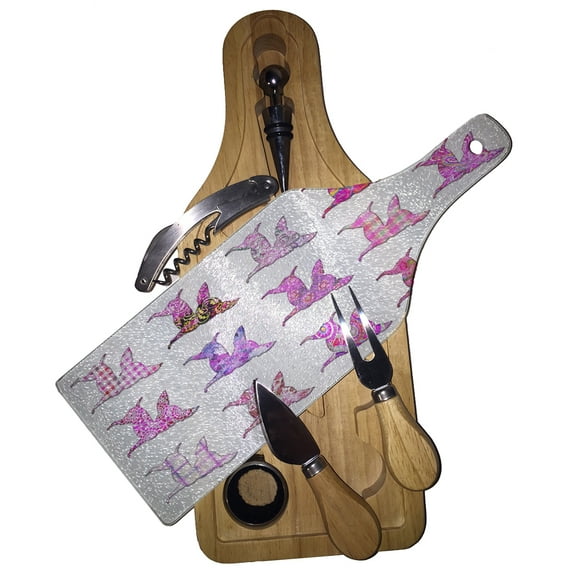 KuzmarK Wine & Cheese Glass Cutting Board Wood Box Gift Set - Chihuahua Dog Pink