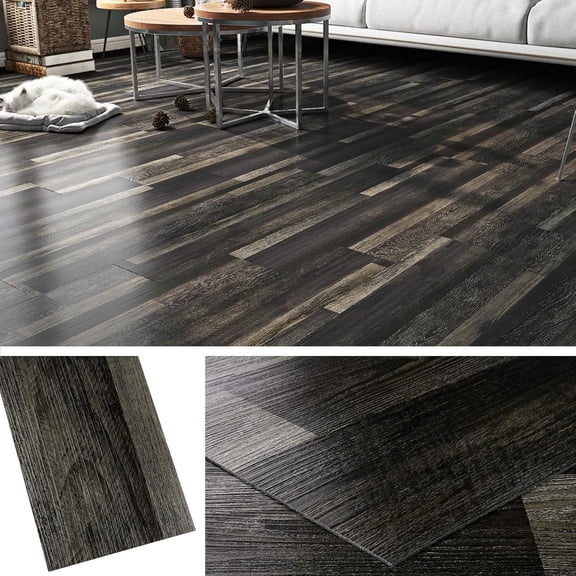 18-Pack 6x36 Peel and Stick Floor Tile Black Reclaimed Wood Luxury Vinyl Plank Flooring Waterproof Dark Wood Floor Tiles for Bathroom Basement Self Adhesive Vinyl Flooring Planks Laminate