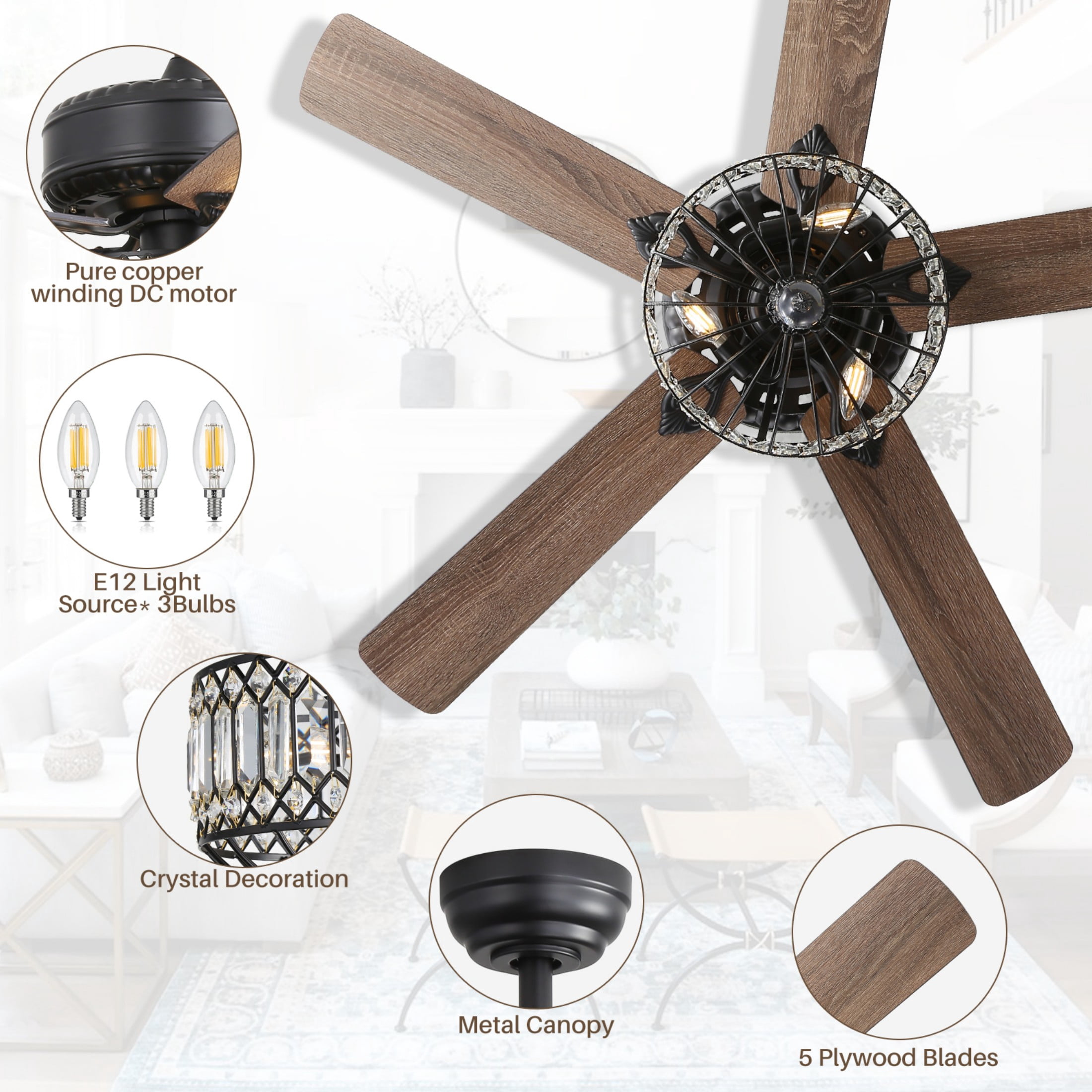 Sofucor 52-Light Chandelier Crystal Fan Light Indoor Ceiling Fan with Silent Reversible Motor