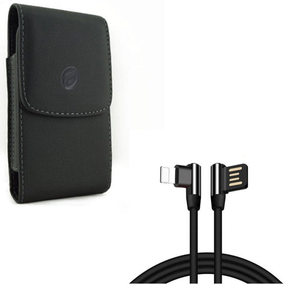 Leather Case Belt Clip w 10ft Angle USB Cable for iPhone XS Max/8 PLUS/7 Plus/6S Plus/6 Plus - Holster Cover Pouch Vertical Carry and Charger Cord Power Wire Sync 90 Degree