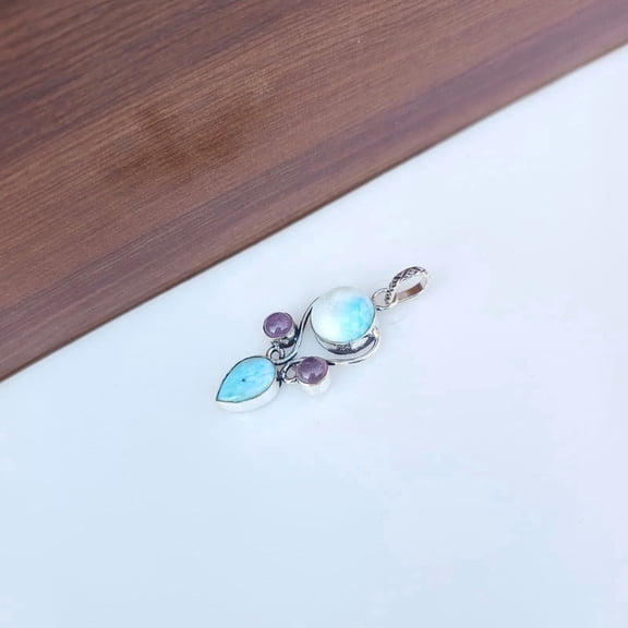 Blue Larimar And Amethyst Pendant 925 Sterling Silver Natural Gemstone Handmade Boho Pendant Jewelry Gift For Her