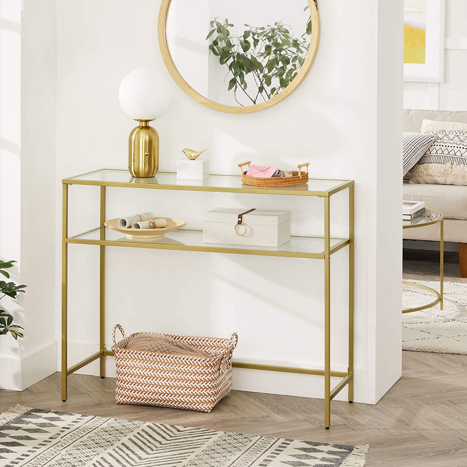 Modern Gold Console Table Tempered Glass Top Metal Frame 2 Shelves Storage Rack 